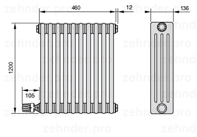 Схема (чертеж) Радиатор Zehnder Charleston 4120/10 №V003 Белый глянцевый RAL 9016